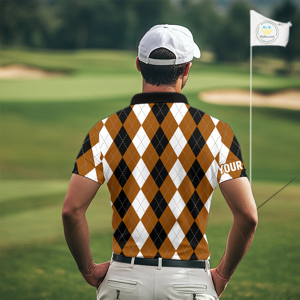 Mens golf polo shirt custom brown argyle plaid pattern golf attire for men NQS9848
