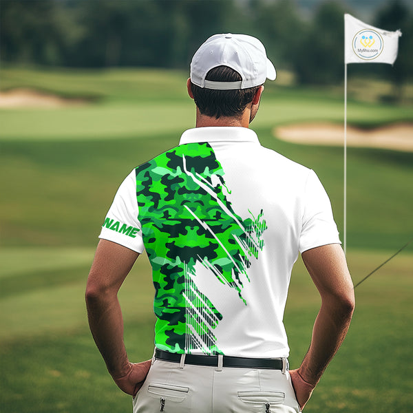 Personalized Mens golf polo shirts custom white and green camo mens golf apparel, golfing gifts NQS10334