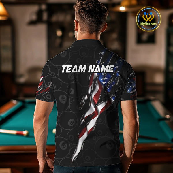 American Flag Scratch Billiard Shirt For Men, Custom 8 Ball Pool Team Jersey Polo & 1/4 Zip TDM4030