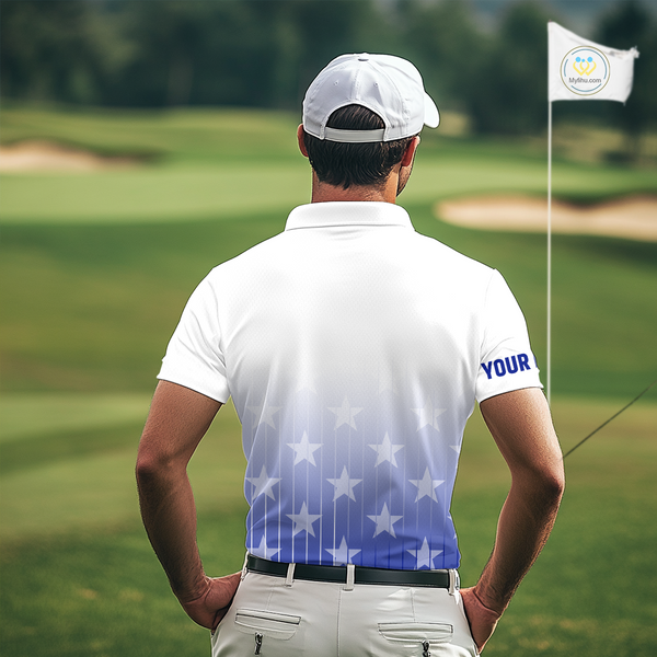 Personalized blue stars pattern white golf polos shirts for men custom gifts for the golfer NQS9965
