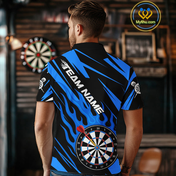 Blue Dartboard Flame Custom Dart Shirts For Men, Darts Team Jerseys Polo & Quarter Zip Shirts TDM4004