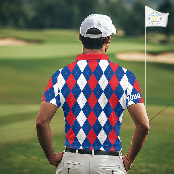 Mens golf polo shirt custom red, white and blue argyle plaid pattern golf attire for men NQS9847