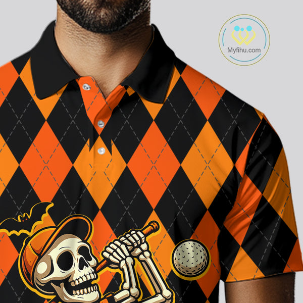 Funny Mens golf polo shirts custom orange and black argyle plaid Halloween Skull golf attire for men NQS10355