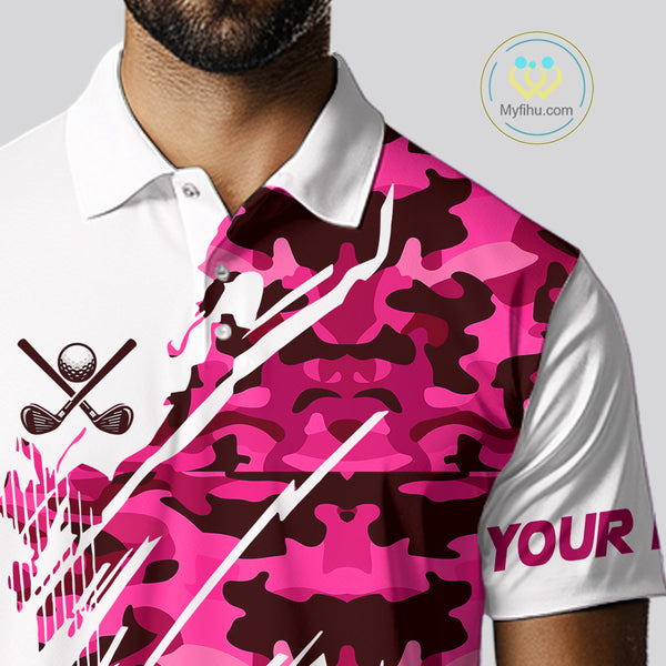 Personalized Mens golf polo shirts custom white and pink camo mens golf apparel, golfing gifts NQS10335