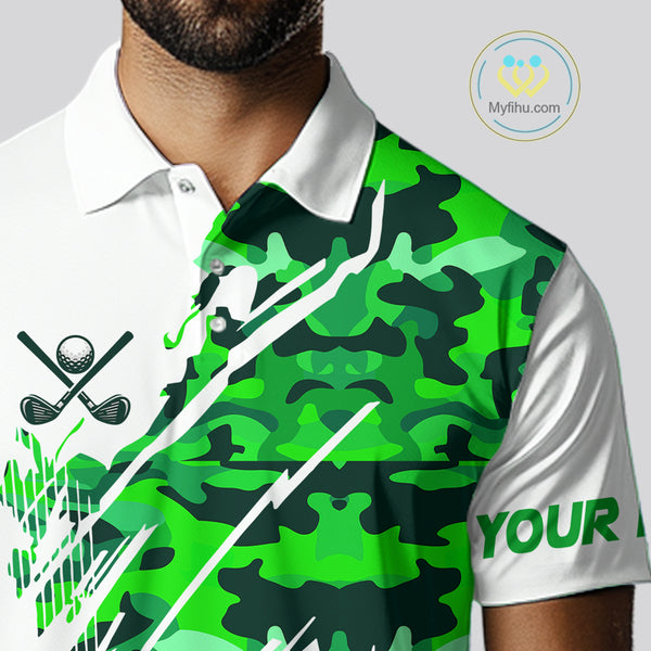 Personalized Mens golf polo shirts custom white and green camo mens golf apparel, golfing gifts NQS10334