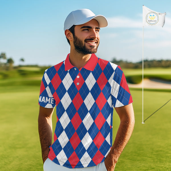 Mens golf polo shirt custom red, white and blue argyle plaid pattern golf attire for men NQS9847