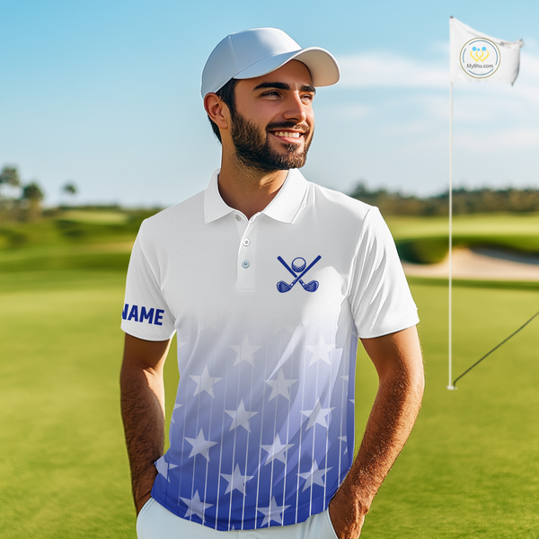 Personalized blue stars pattern white golf polos shirts for men custom gifts for the golfer NQS9965