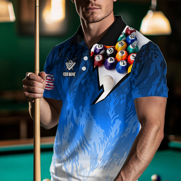 Personalized Blue Pool Player Billiard 8 Ball Polo & 1/4 Zip For Men Custom Billiard Shirts Jerseys TDM3656