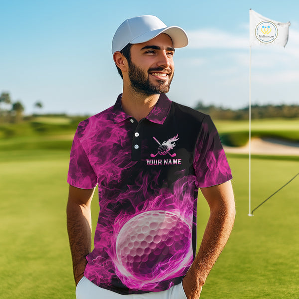 Black and Pink Flame Golf Ball Mens Golf polo shirts custom name golf outfit for men golf clothes NQS9869