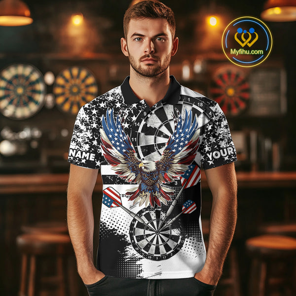 Custom Dart Shirt For Men, Grunge Eagle American Flag Black White Polo, 1/4 Zip Darts Jersey TDM3877