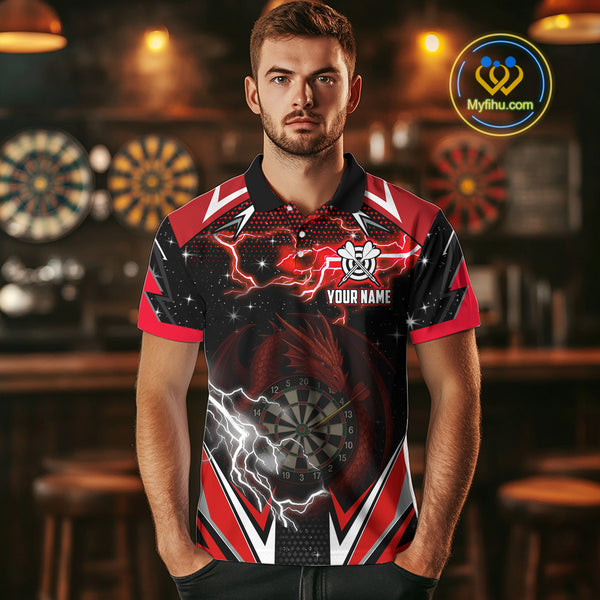 Personalized Dragon Dart Shirts For Men – Custom Thunder Red Darts Team Jerseys Polo & Quarter Zip TDM4037