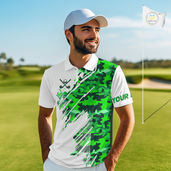 Personalized Mens golf polo shirts custom white and green camo mens golf apparel, golfing gifts NQS10334