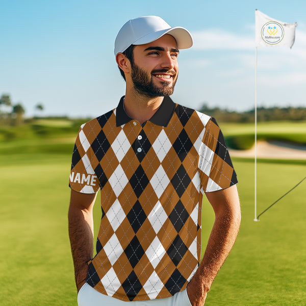 Mens golf polo shirt custom brown argyle plaid pattern golf attire for men NQS9848