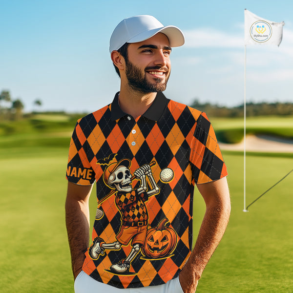 Funny Mens golf polo shirts custom orange and black argyle plaid Halloween Skull golf attire for men NQS10355