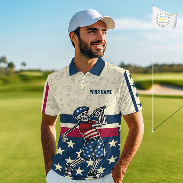 Funny Skull golfer vintage American Flag Custom patriotic golf polo shirts for men, golfing gifts NQS9964