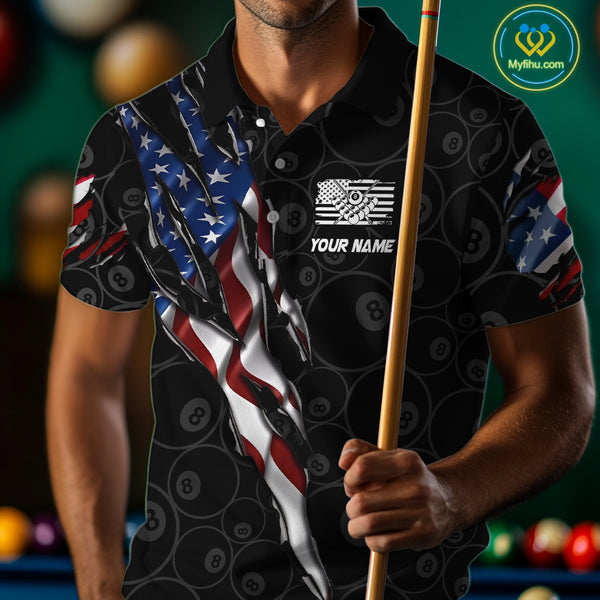 American Flag Scratch Billiard Shirt For Men, Custom 8 Ball Pool Team Jersey Polo & 1/4 Zip TDM4030
