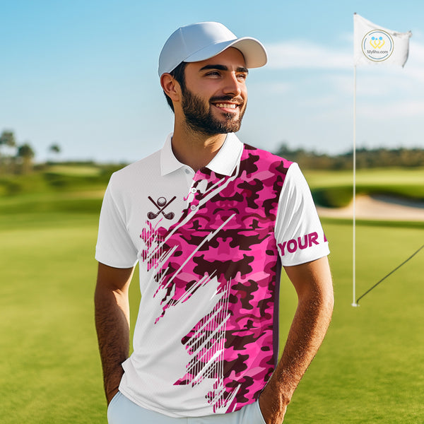 Personalized Mens golf polo shirts custom white and pink camo mens golf apparel, golfing gifts NQS10335