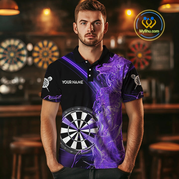 Custom Black And Purple Flame Darts Shirts For Men, Darts Team Jerseys Polo & Quarter Zip Uniform TDM4017