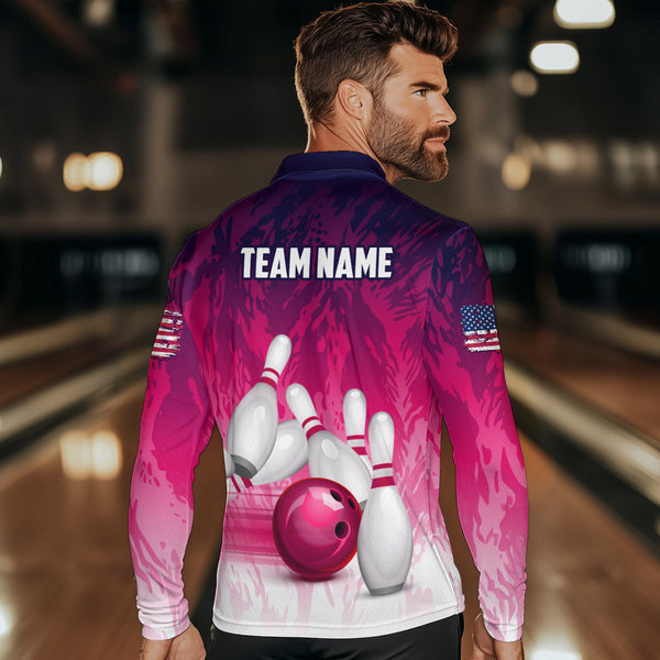 Personalized Pink Bowling Shirts For Men Custom Bowling Polo & Quarter Zip Bowling Team Jerseys TDM3629