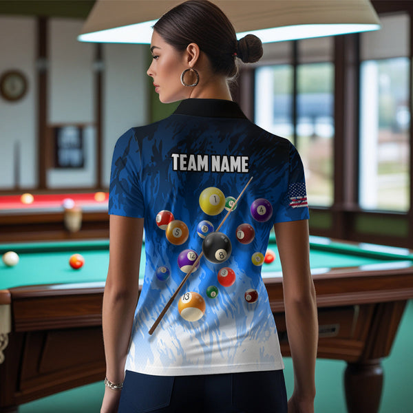 Personalized Blue Pool Player Billiard 8 Ball Polo & 1/4 Zip For Women Custom Billiard Shirts Jerseys TDM3656