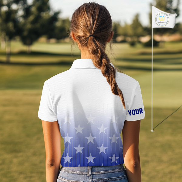 Personalized blue stars pattern white golf polos shirts for women custom gifts for the golfer NQS9965