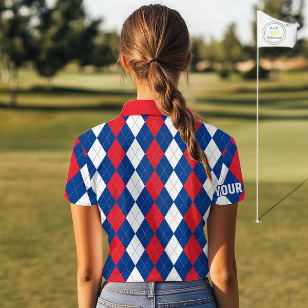 Women golf polo shirt custom red, white and blue argyle plaid pattern golf attire for ladies NQS9847
