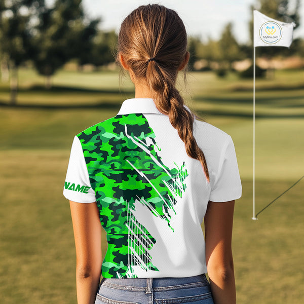 Personalized Women golf polo shirts custom white and green camo ladies golf apparel, golfing gifts NQS10334