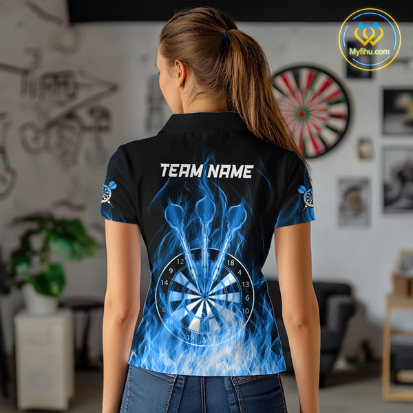 Custom Wolf Dart Shirts For Women – Fire Flame Dartboard Darts Team Jerseys Polo & Quarter Zip |Blue TDM4043