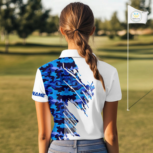 Personalized Women golf polo shirts custom white and blue camo ladies golf apparel, golfing gifts NQS10073