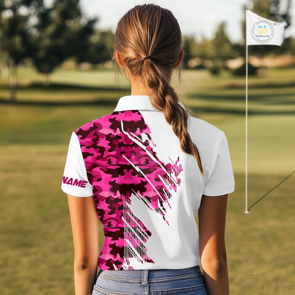 Personalized Women golf polo shirts custom white and pink camo ladies golf apparel, golfing gifts NQS10335