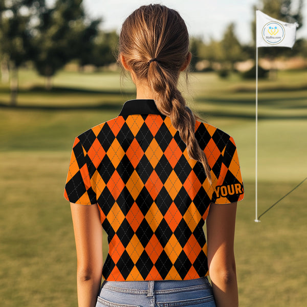 Funny Women golf polo shirt custom orange and black argyle plaid Halloween Skull ladies golf attire NQS10355