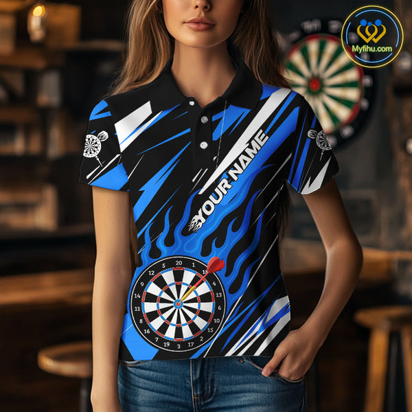Blue Dartboard Flame Custom Dart Shirts For Women, Darts Team Jerseys Polo & Quarter Zip Shirts TDM4004
