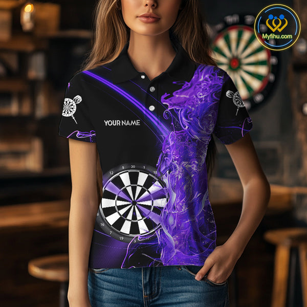 Custom Black And Purple Flame Darts Shirts For Women, Darts Team Jerseys Polo & Quarter Zip Uniform TDM4017