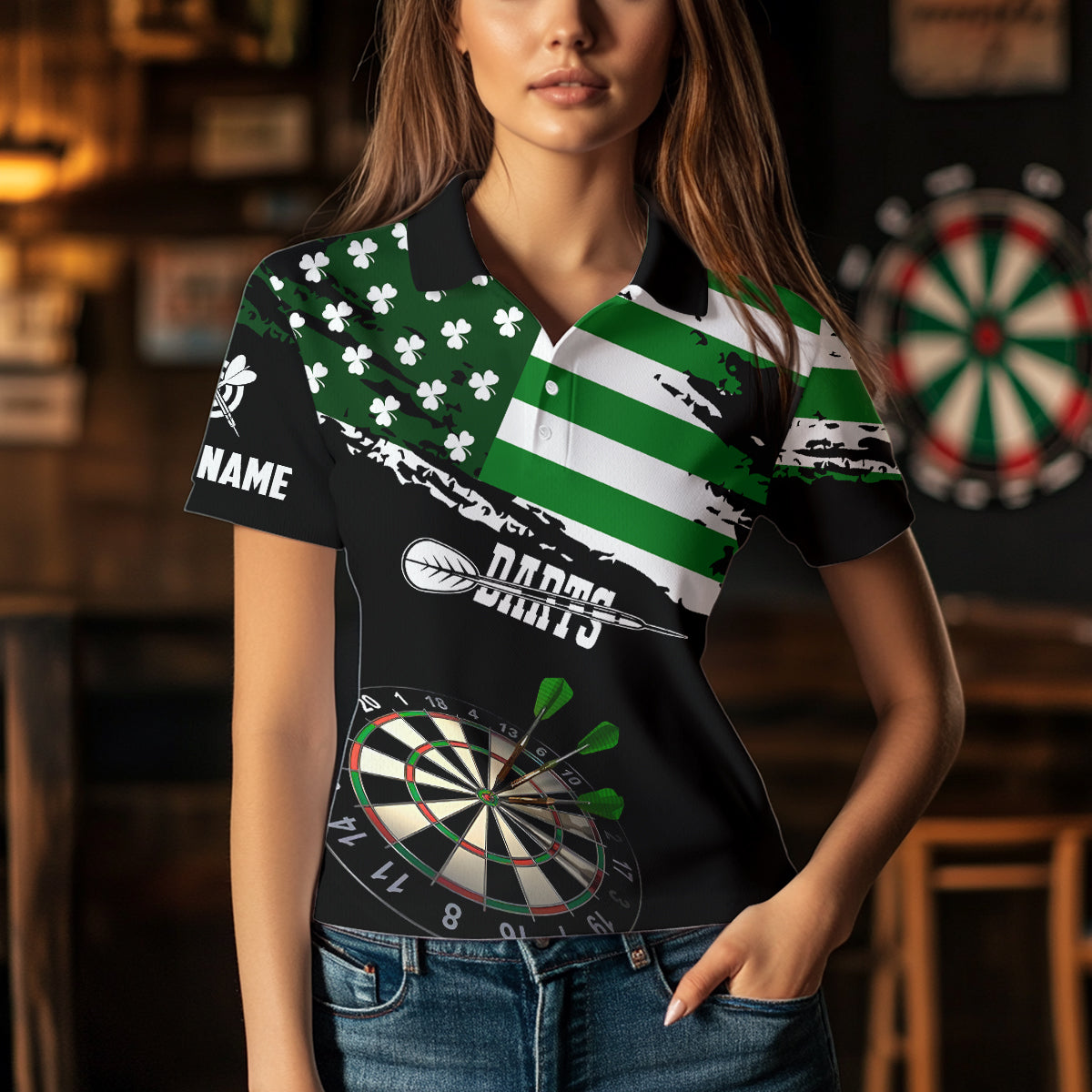 Personalized US Flag St Patrick Day Dart Shirts For Women Custom Patriotic Shamrock Darts Jerseys TDM3643