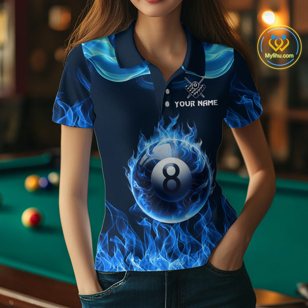 Blue Flaming 8 Ball Pool Billiard Shirts For Women Custom Polo & Quarter Zip Billiard Team Jerseys TDM3999