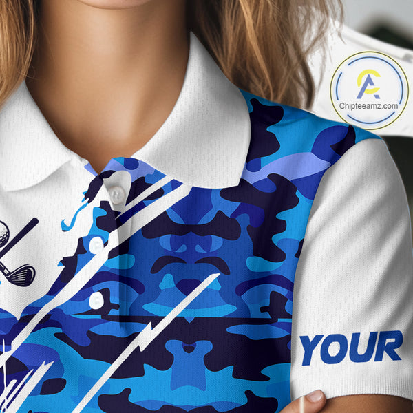 Personalized Women golf polo shirts custom white and blue camo ladies golf apparel, golfing gifts NQS10073