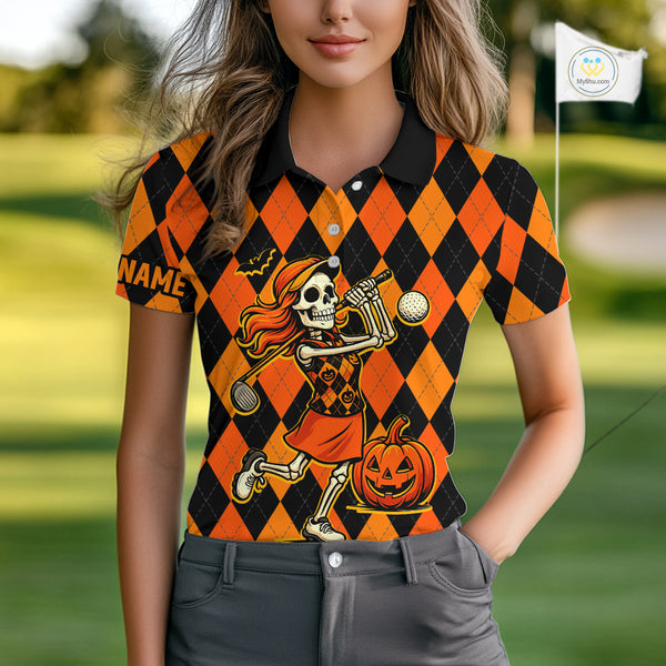 Funny Women golf polo shirt custom orange and black argyle plaid Halloween Skull ladies golf attire NQS10355