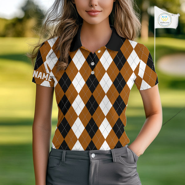 Women golf polo shirt custom brown argyle plaid pattern golf attire for ladies NQS9848