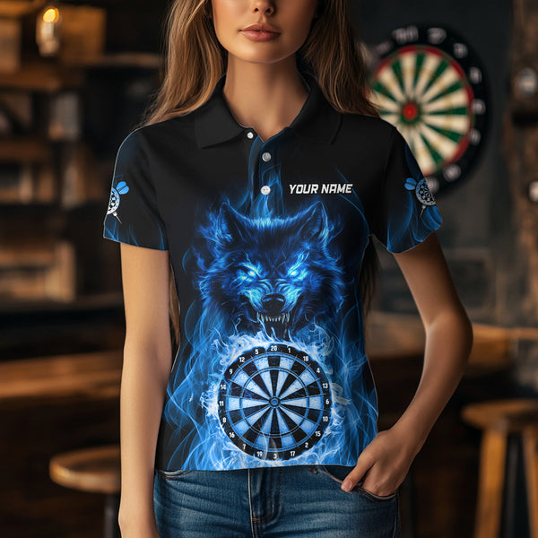 Custom Wolf Dart Shirts For Women – Fire Flame Dartboard Darts Team Jerseys Polo & Quarter Zip |Blue TDM4043