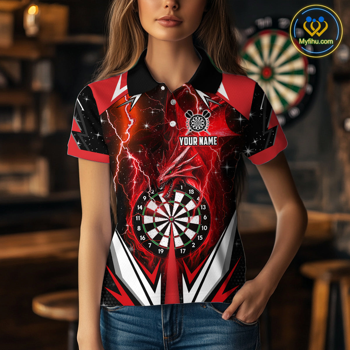 Red Darts Jerseys Custom Thunder Lightning Dragon Dart Shirt Team Polo & Quarter Zip For Women TDM4315