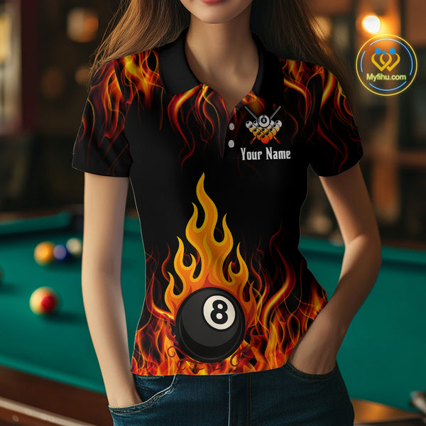 Orange 8 Ball Flame Fire Billiard Shirts For Women Custom Polo & 1/4 Zip Billiard Team Jerseys TDM4012