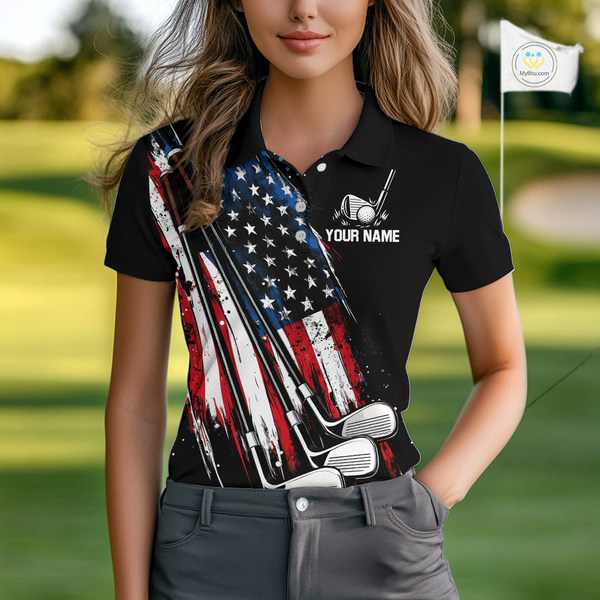 Black American Flag Golf Clubs Women Golf polo shirts custom team name patriotic ladies golf outfit NQS9871