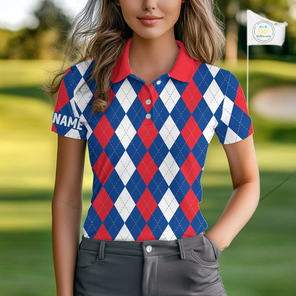 Women golf polo shirt custom red, white and blue argyle plaid pattern golf attire for ladies NQS9847
