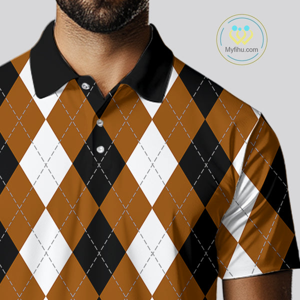 Mens golf polo shirt custom brown argyle plaid pattern golf attire for men NQS9848