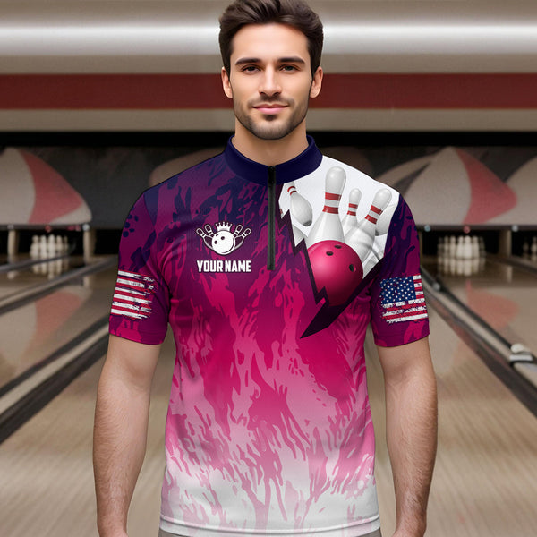 Personalized Pink Bowling Shirts For Men Custom Bowling Polo & Quarter Zip Bowling Team Jerseys TDM3629