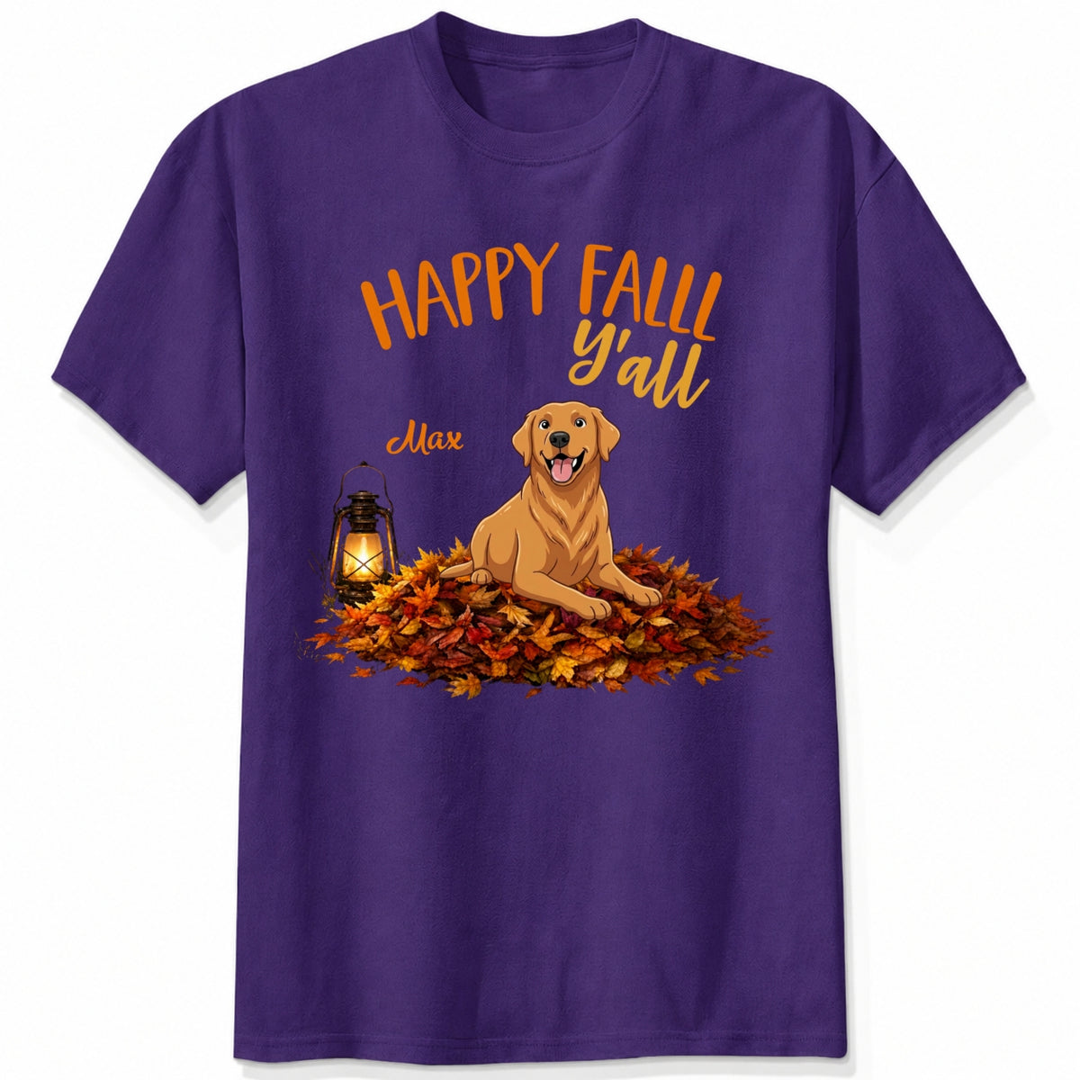 A purple short-sleeve crewneck t-shirt featuring a 'Happy Fall Y'all' graphic with custom dogs sitting on a pile of autumn leaves next to a glowing lantern.