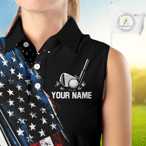 Black American Flag Golf Clubs Women sleeveless polo shirt custom team patriotic ladies golf outfit NQS9871