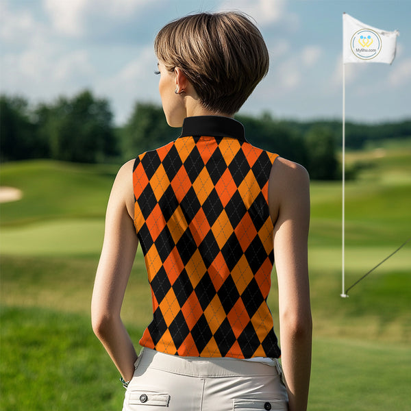 Funny Women sleeveless polo shirt custom orange black argyle plaid Halloween Skull ladies golf attire NQS10355
