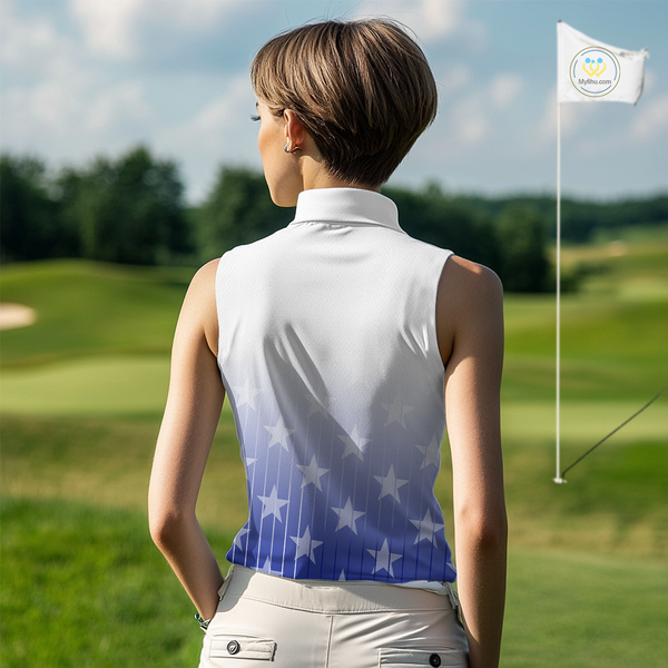 Blue stars pattern white ladies sleeveless golf polos shirts, gifts for the golfer NQS9965