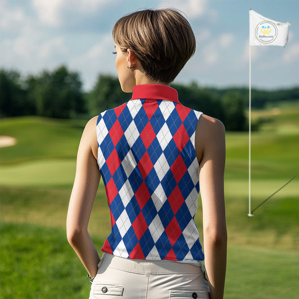 Women sleeveless polo shirt custom red, white and blue argyle plaid pattern golf attire for ladies NQS9847
